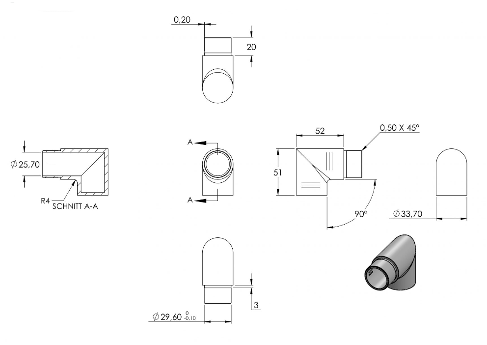 Zeichnung Endstück für Rohr Ø 33,7 x 2,0 mm