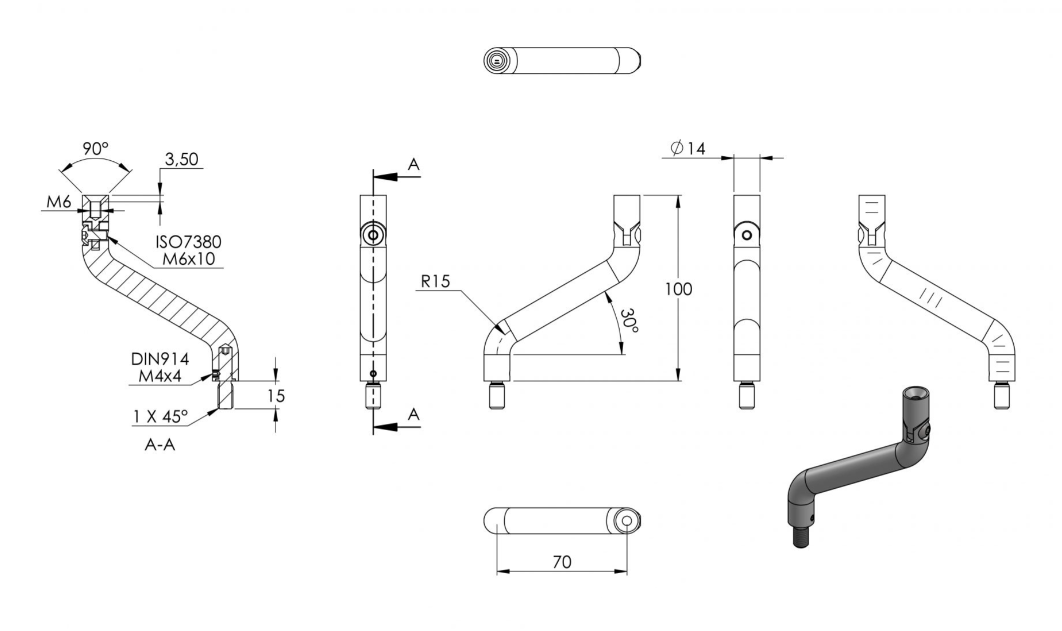 Gelenkbügel Edelstahl 2 x 30° gebogen, 360° drehbar,1 x Außengewinde, 1 x Innengewinde, V2A