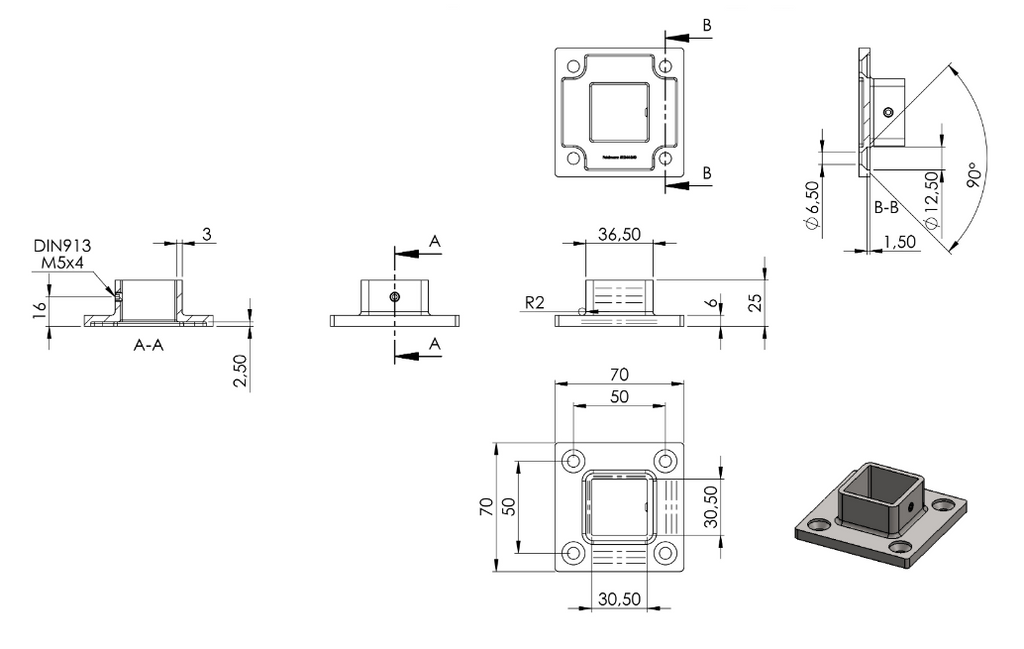 Zeichnung Bodenanker für Rohr 30 x 30 mm