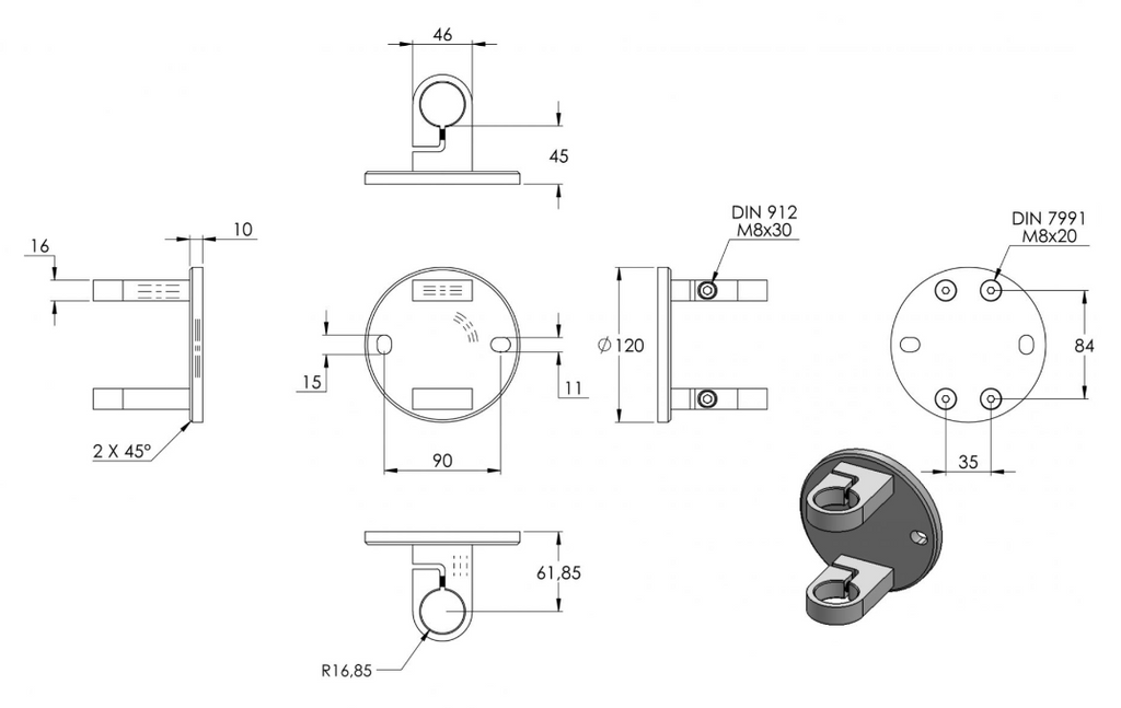Zeichnung Wandbefestigung für Rohr Ø 33,7 mm