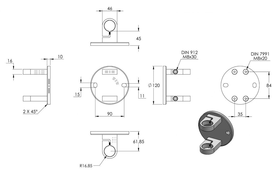Zeichnung Wandbefestigung für Rohr Ø 33,7 mm