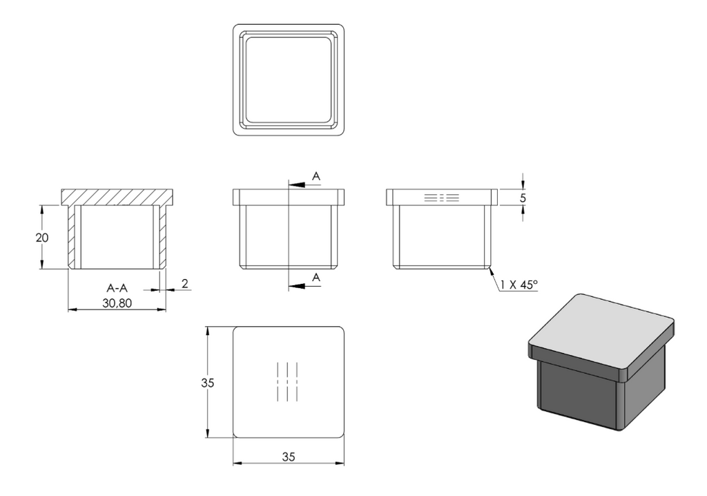 Zeichnung Rohrabschlussstopfen für Rohr 35 x 35 x 2,0 mm