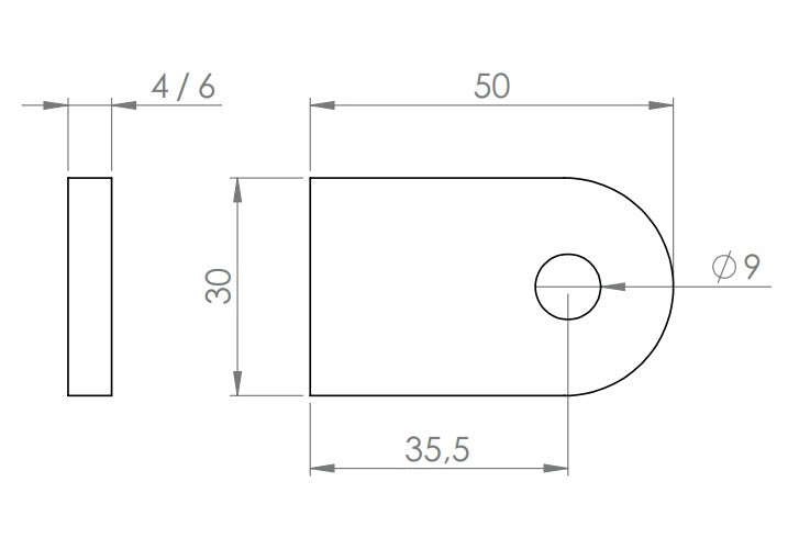 Edelstahl Anschweißlasche 50 x 30 x 4 / 6 mm, geschliffen, mit Rundloch, V2A