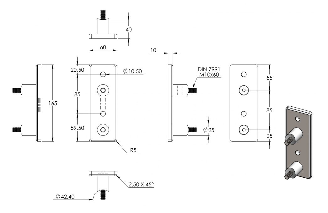 Zeichnung Wandbefestigung für Rohr Ø 42,4 mm