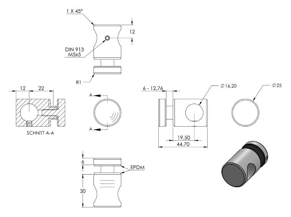 Zeichnung Querstab-Glashalter mit Durchgangsbohrung Ø 16,2 mm