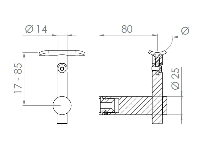 höhenverstellbarer Handlaufhalter mit Gelenk und Halteplatte, zum Anschrauben des Handlaufs, V2A