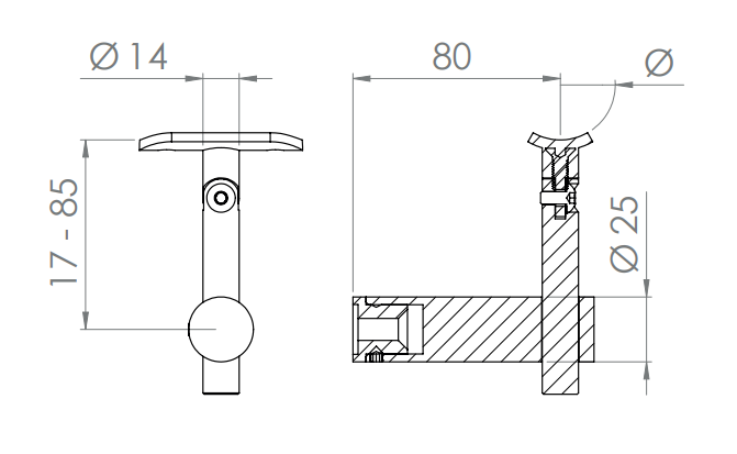 höhenverstellbarer Handlaufhalter mit Gelenk und Halteplatte, zum Anschrauben des Handlaufs, V2A