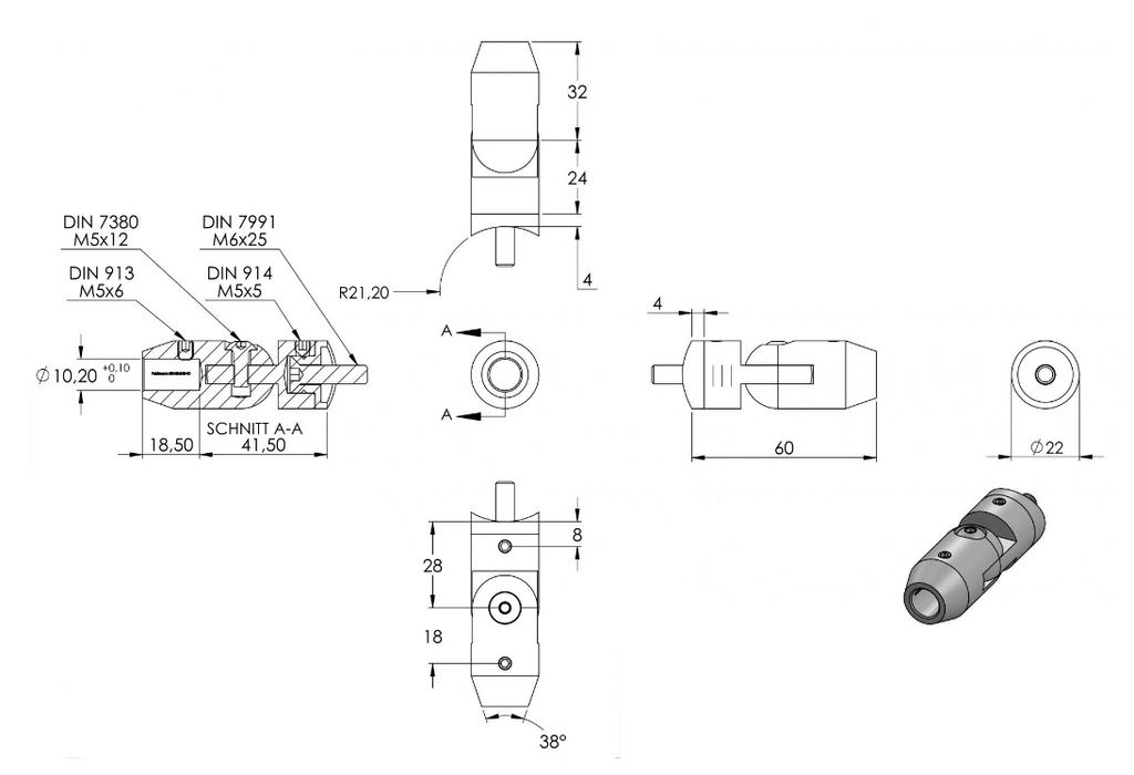 Zeichnung Querstabhalter mit Anschluss Ø 42,4 mm mit Bohrung Ø 10,2 mm