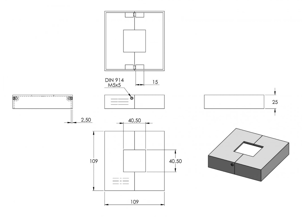 Edelstahl Abdeckrosette für Quadratrohre, teilbar, mit Mittelbohrung, Längsschliff, V2A / V4A