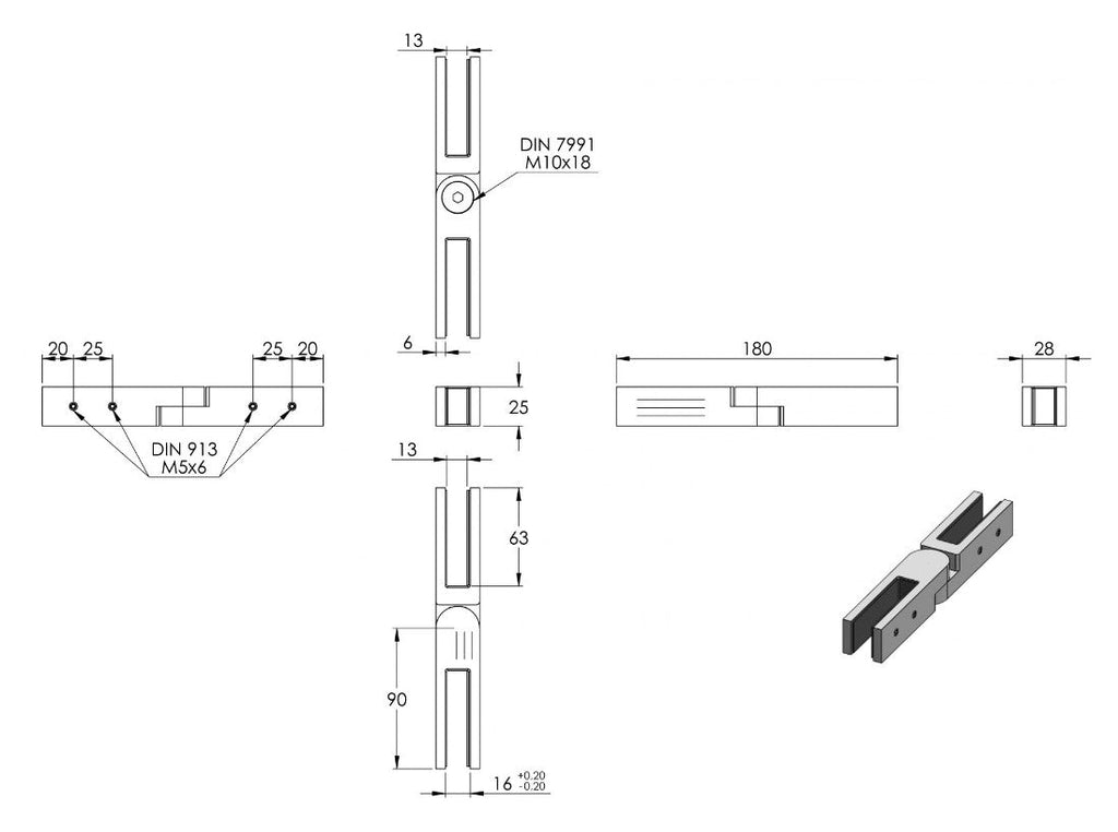Glasverbinder verstellbar, für Glasstärke 12.00 - 12.76 mm, V4A