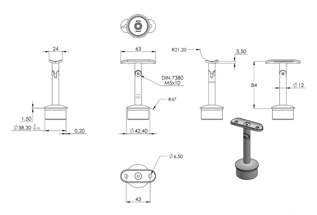 Zeichnung Handlaufstütze für Rohr Ø 42,4 x 2,0 mm, Stift Ø 12 mm, Handlaufanschlussplatte für Rohr Ø 42,4