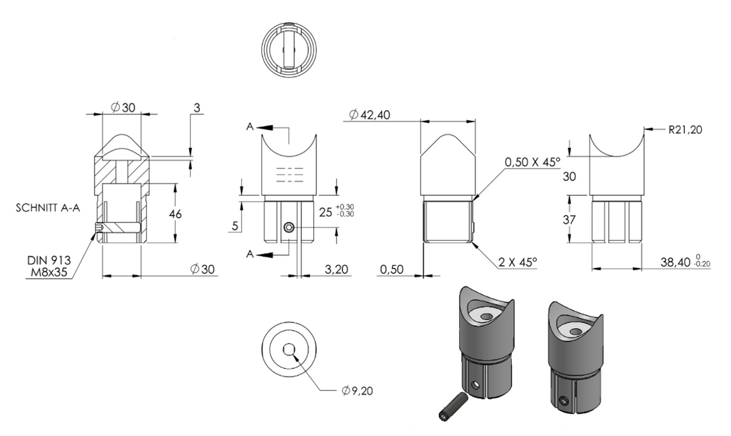Zeichnung Anschlussstück 90° für Rohr Ø 42,4 x 2,0 mm und Rohr Ø 42,4 mm