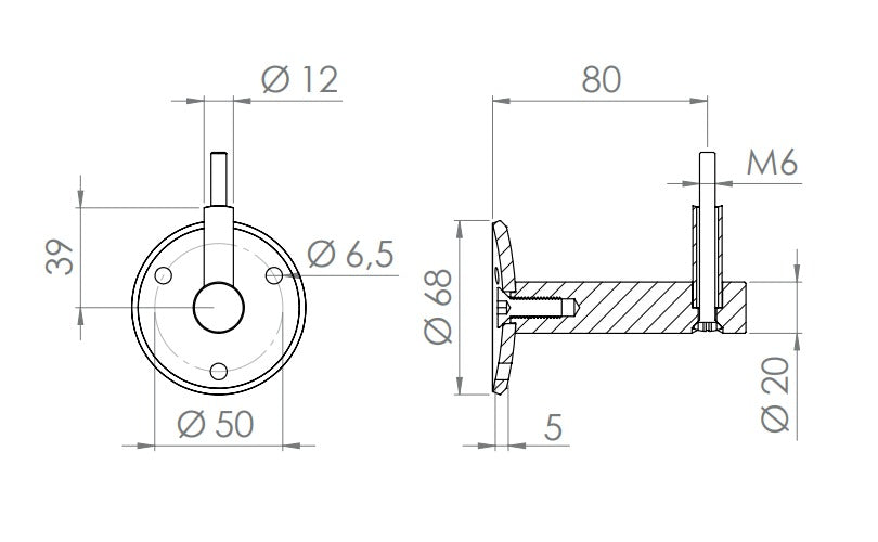 verschraubter Handlaufhalter mit Durchgangsbohrung und Linsenkopfschraube, V2A