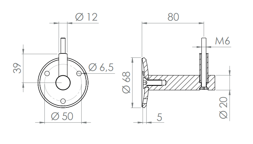 verschraubter Handlaufhalter mit Durchgangsbohrung und Linsenkopfschraube, V2A