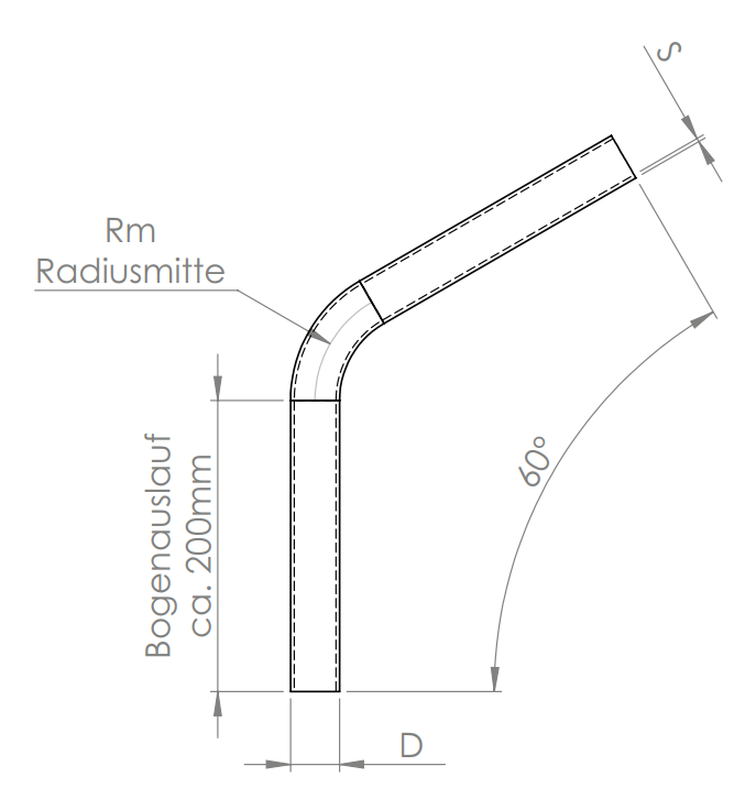 Edelstahl Rohrbogen 60° mit Bogenauslauf ca. 200 mm, V2A