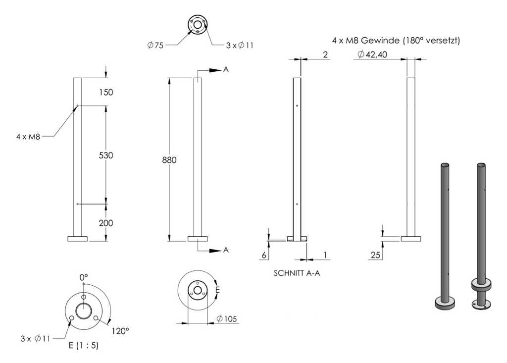 Edelstahl Mittelpfosten zur Bodenmontage, Länge 880 mm, 4 x M8 Fließformgewinde 180° versetzt, V2A