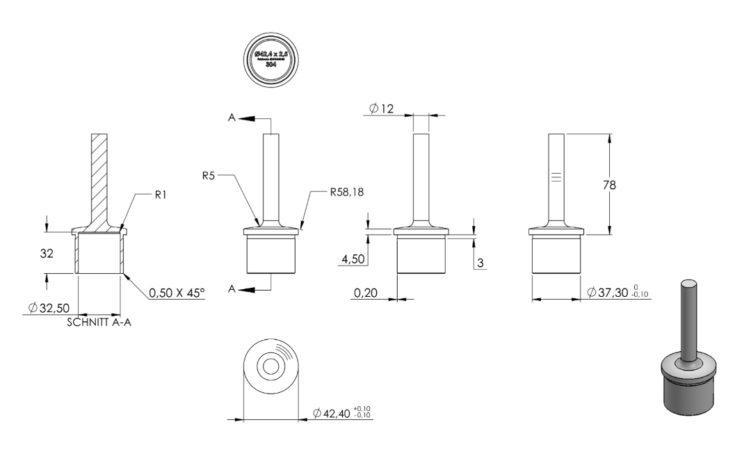 Zeichnung Handlaufstütze für Rohr Ø 42,4 x 2,5 mm, Bügel Ø 12 mm