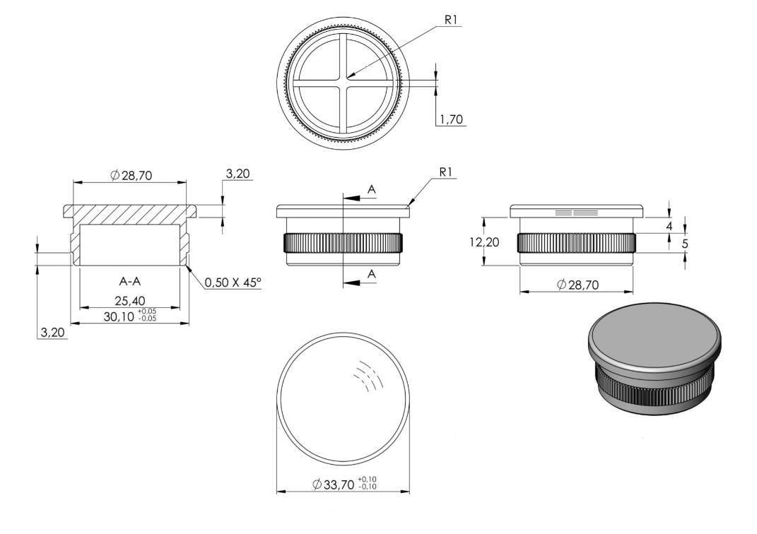 Zeichnung Rohrabschlusstopfen für Rohr Ø 33,7 x 2,0 mm