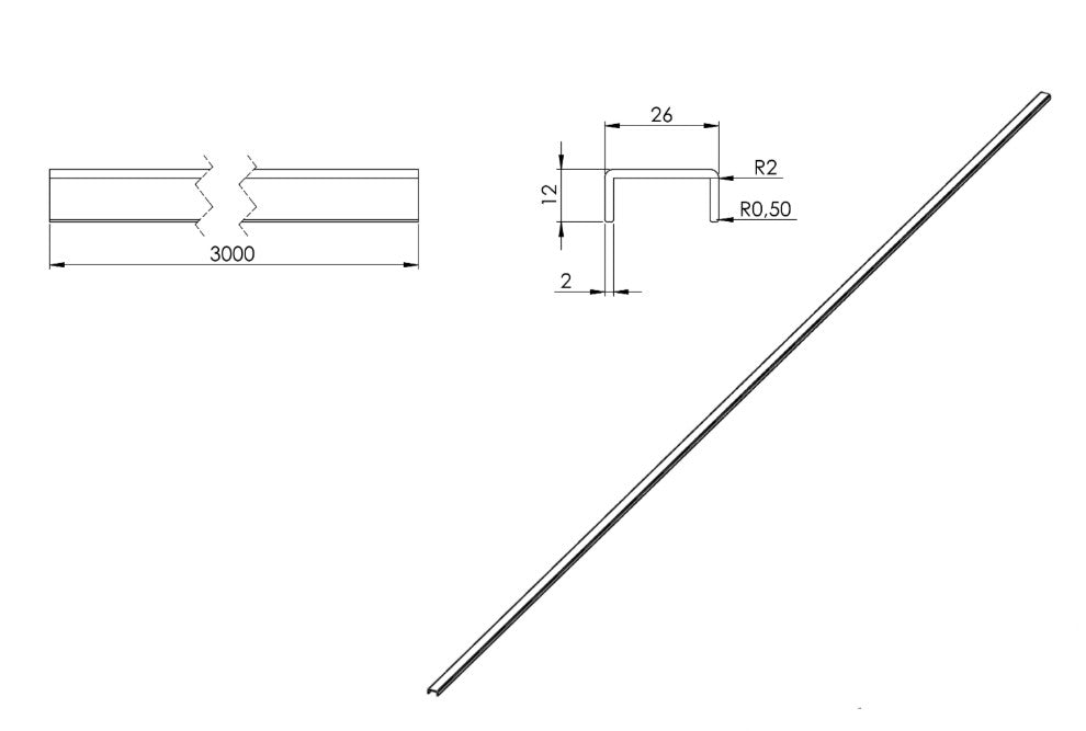 Zeichnung Kantenschutzprofil Länge 3 m für Glasstärke 20,00 - 21,52 mm