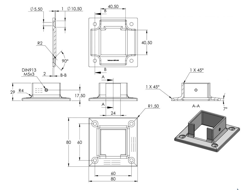Wandhalter für Quadrat-Nutrohr 40 x 40 x 1,5 mm, V2A / V4A