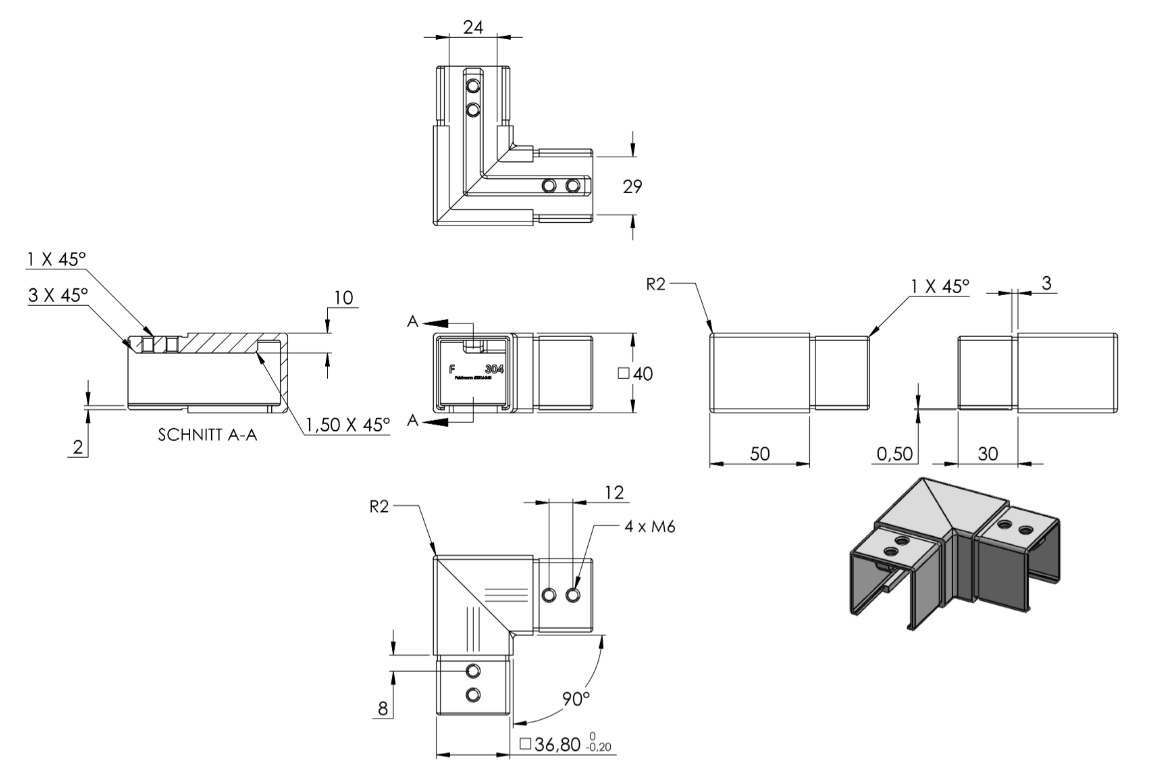 Eckbogen horizontal / Verlaufsecke 90° für Quadrat-Nutrohr, V2A / V4A