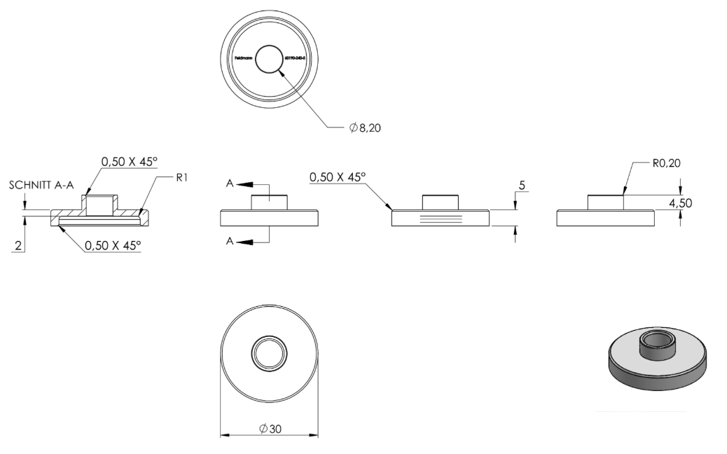 Zeichnung Unterteil mit Durchgangsbohrung t = 5 mm