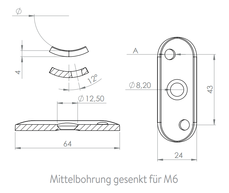 Handlaufanschlussplatte, versetzte Bohrungen, für  Rohr, zum Vernieten / zum Verschrauben, V2A / V4A