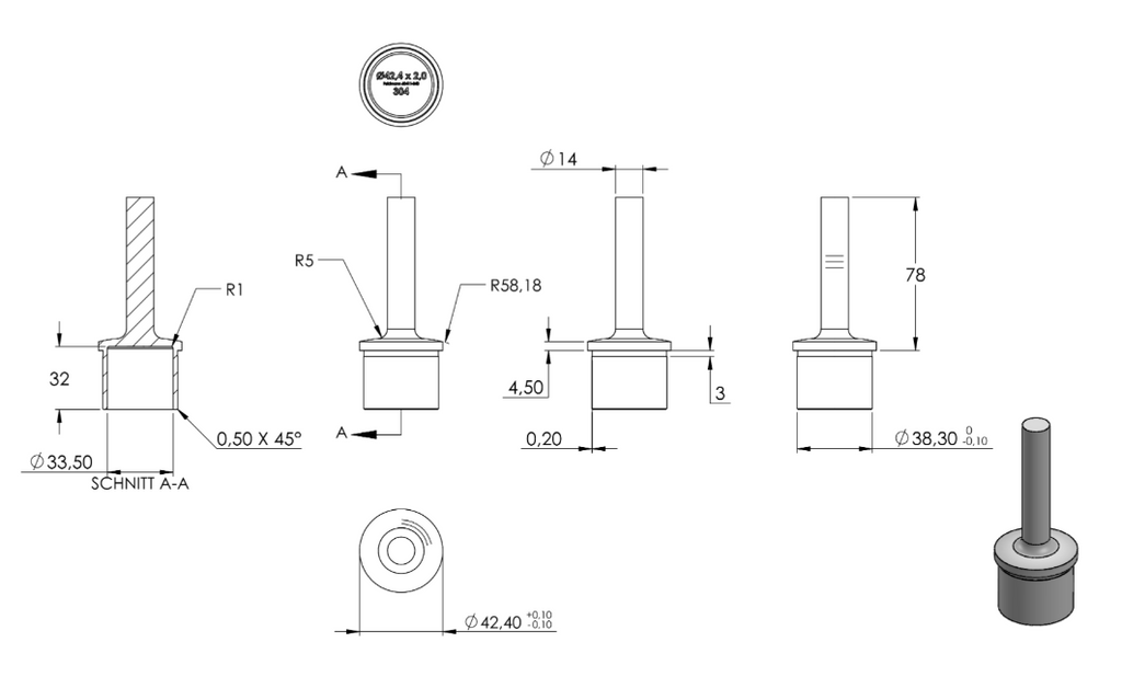 Zeichnung Handlaufstütze für Rohr Ø 42,4 x 2 mm, Bügel Ø 14 mm