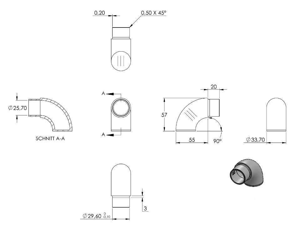 Zeichnung Rohrbogen für Rohr Ø 33,7 x 2,0 mm