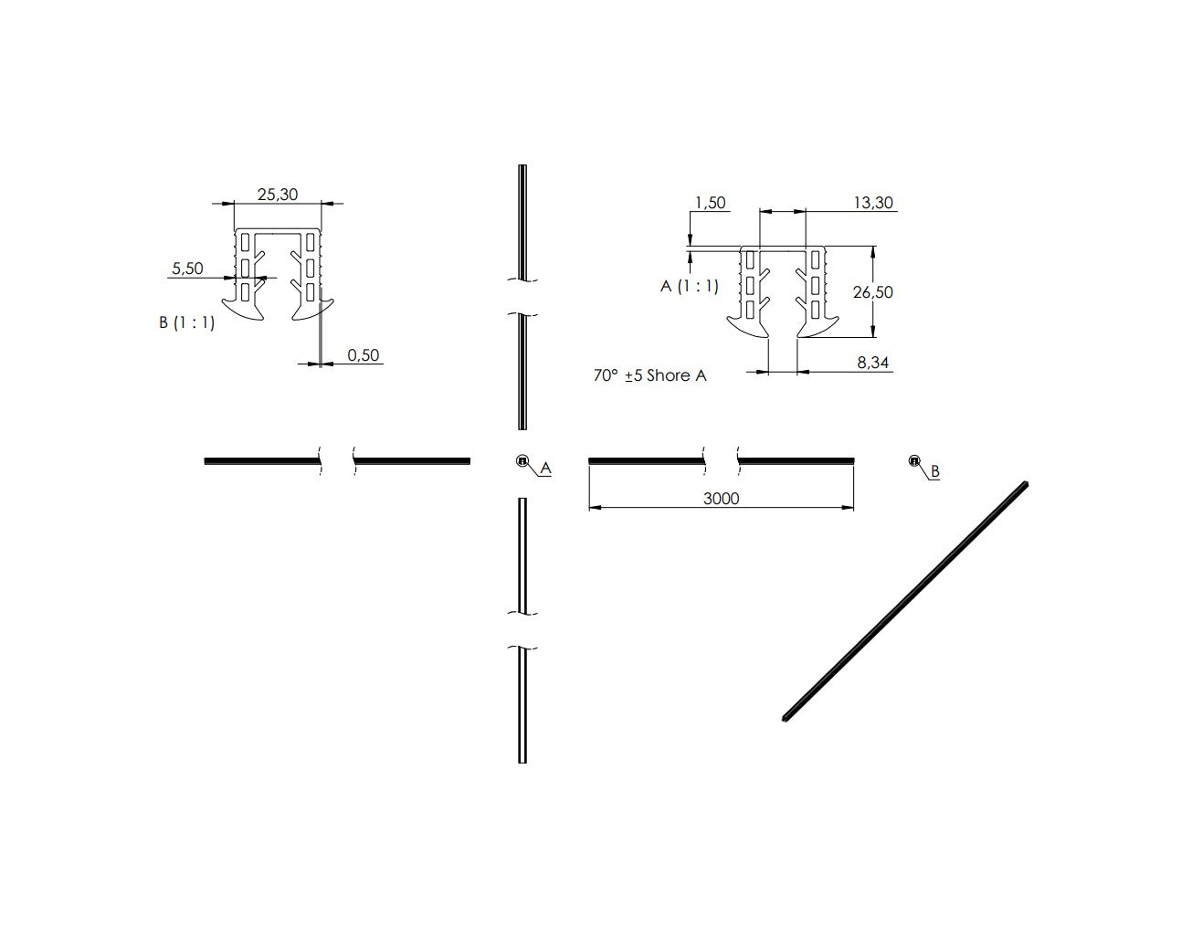 Zeichnung Keildichtung für Glasstärke 8.00 - 10.76 mm, Länge 3 m