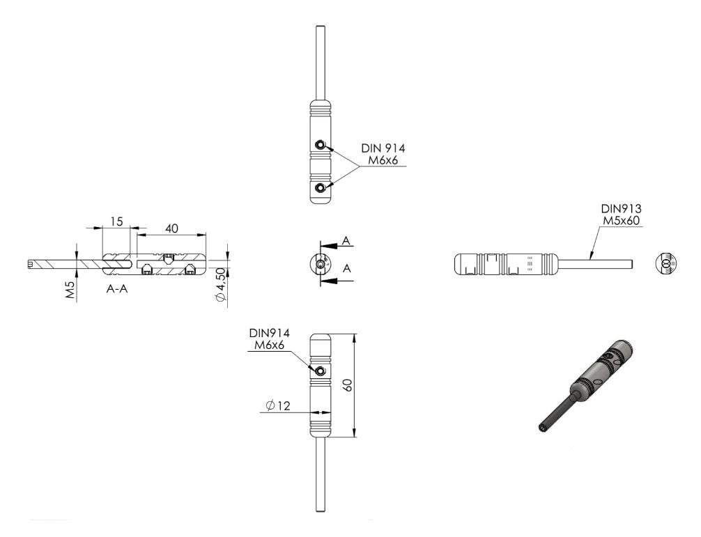 Gewindeterminal für Seil Ø 4 mm, mit Außengewinde M5