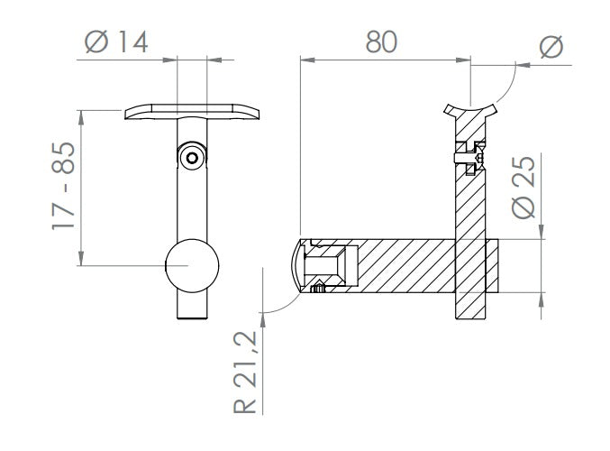 höhenverstellbarer Handlaufhalter mit Gelenk und Halteplatte, zum  Anschrauben des Handlaufs, V2A