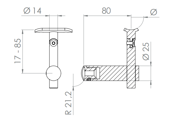 höhenverstellbarer Handlaufhalter mit Gelenk und Halteplatte, zum  Anschrauben des Handlaufs, V2A