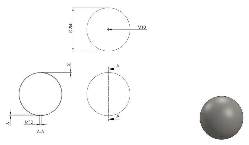 Zeichnung Hohlkugel Ø 250 mm mit Gewinde M10