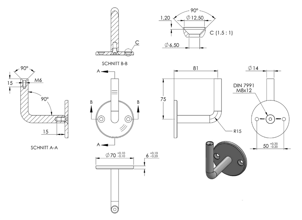 Zeichnung Handlaufhalter mit Bügel Ø  14 mm
