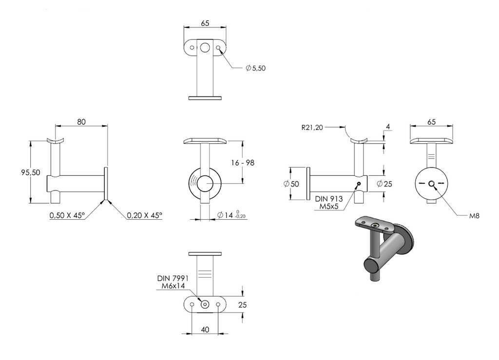Zeichnung Handlaufhalter mit Anschlussplatte Ø 42,4 mm