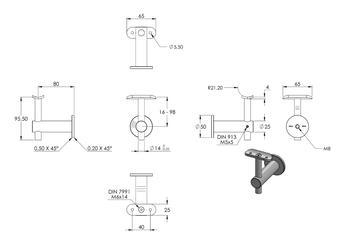 Zeichnung Handlaufhalter mit Anschlussplatte Ø 42,4 mm
