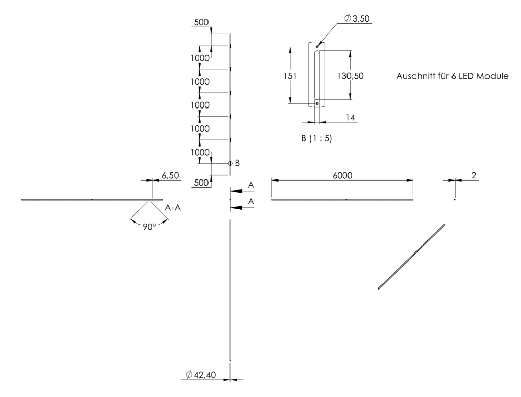 Zeichnung Handlauf Länge 6 m mit 6 Aussparungen für LED-Lichtmodule