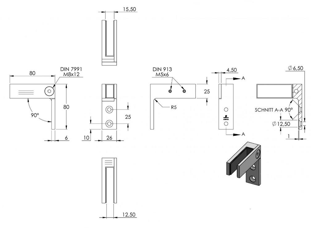 Glasverbinder für Wandmontage, für Glasstärke 12.00 - 12.76 mm, V4A