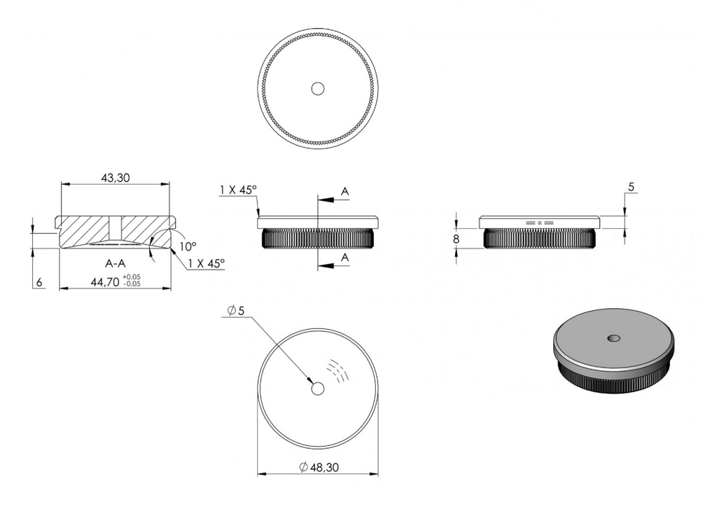 Zeichnung Rohrabschlussstopfen für Rohr Ø 48,3 x 2,0 mm