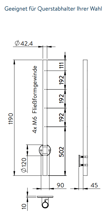 Edelstahlpfosten zur Wandmontage, Länge 1190 mm, 4 x M6 Fließformgewinde, V2A