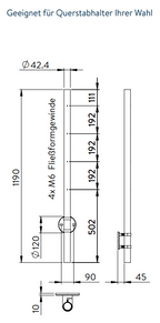 Edelstahlpfosten zur Wandmontage, Länge 1190 mm, 4 x M6 Fließformgewinde, V2A