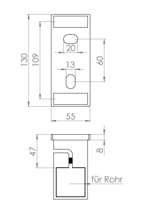 Edelstahl Wandbefestigung für Geländerpfosten zum Spannen, Platte 130 x 55 x 8 mm, V2A / V4A