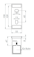 Edelstahl Wandbefestigung für Geländerpfosten zum Spannen, Platte 130 x 55 x 8 mm, V2A / V4A