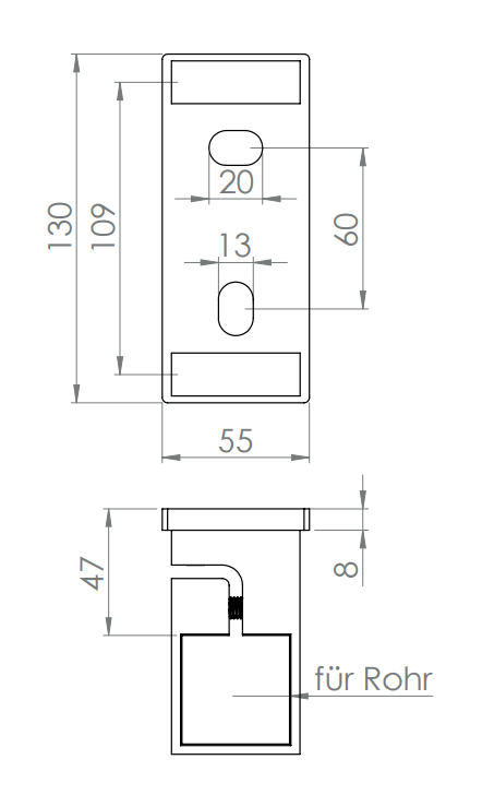 Edelstahl Wandbefestigung für Geländerpfosten zum Spannen, Platte 130 x 55 x 8 mm, V2A / V4A