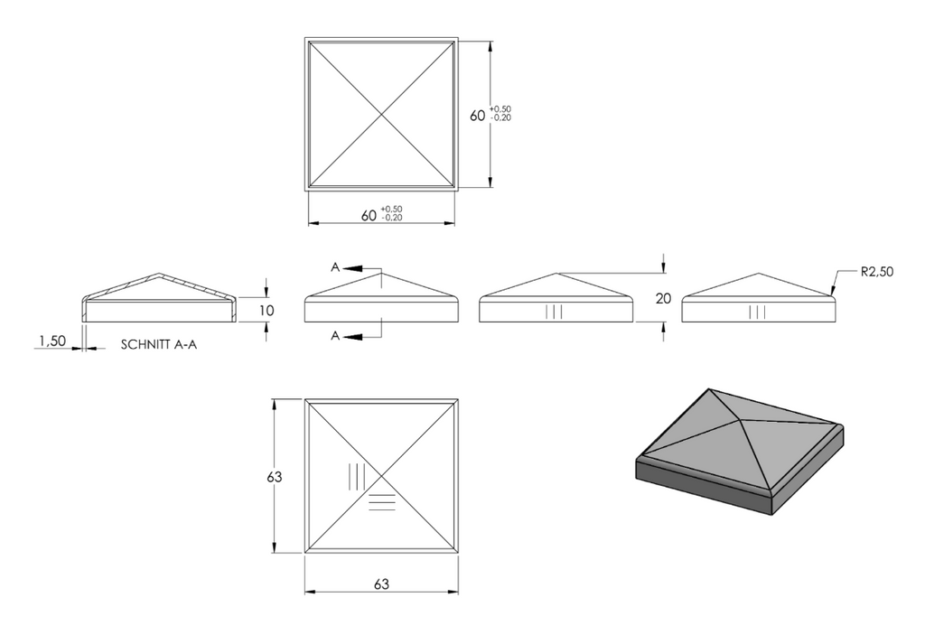 Zeichnung Pyramidenkappe für Rohr 60 x 60 mm