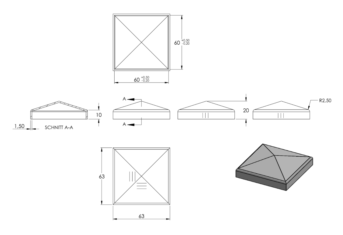 Zeichnung Pyramidenkappe für Rohr 60 x 60 mm