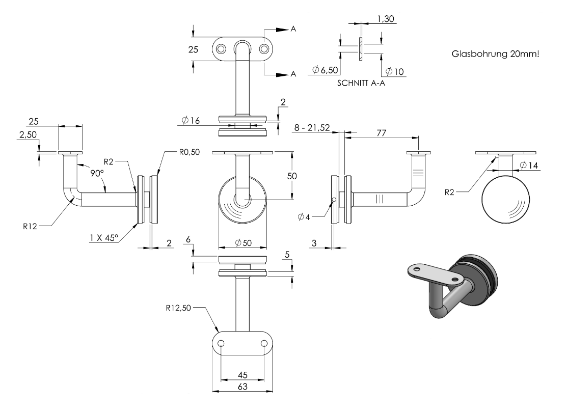 Zeichnung Handlaufhalter mit Halteplatte flach