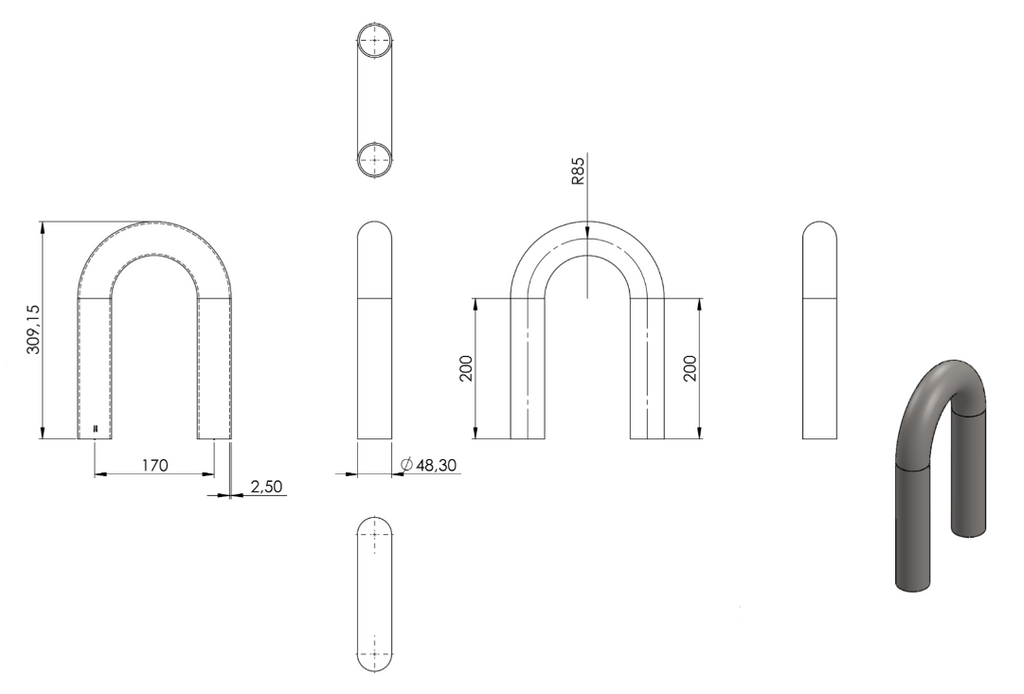 Zeichnung Rohrbogen Ø 48,3 x 2,5 mm, Radiusmitte 85,0 mm