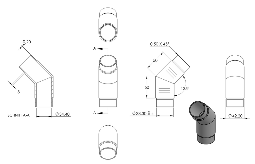 Zeichnung Eckstück für Rohr Ø 42,4 x 2,0 mm
